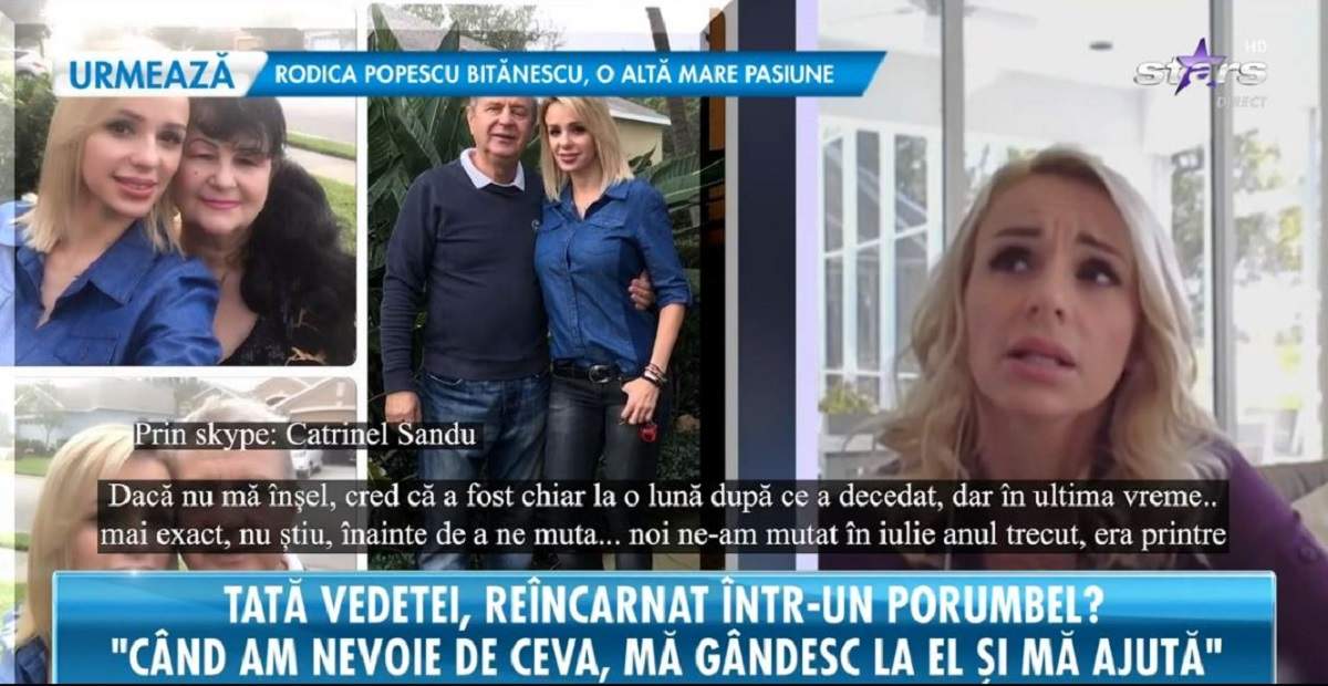 Catrinel Sandu dă un interviu la Antena Stars despre tatăl ei mort. În stânga sunt mai multe imagini cu mama și tatăl ei.