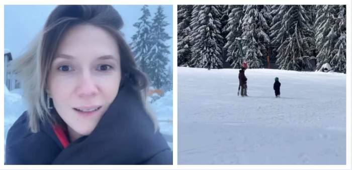 Un colaj cu Adela Popescu. În prima imagine artista poartă o geacă neagră, iar în a doua Radu Vâlcan și fiul lor sunt pe pârtia de schi. Aceștia sunt la munte.