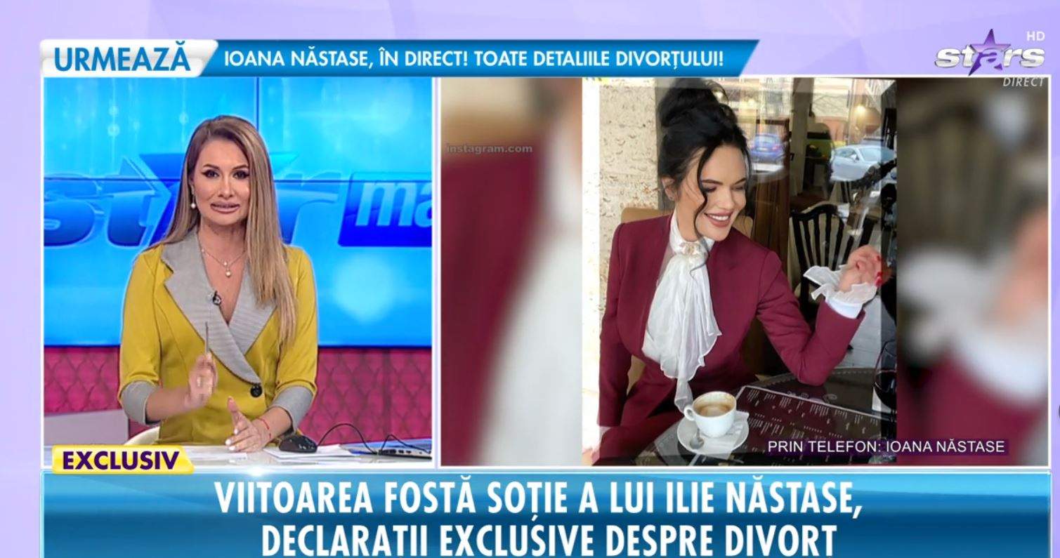 Ioana Simion face declarații la Antena Stars. Vedeta poartă o bluză vișinie.