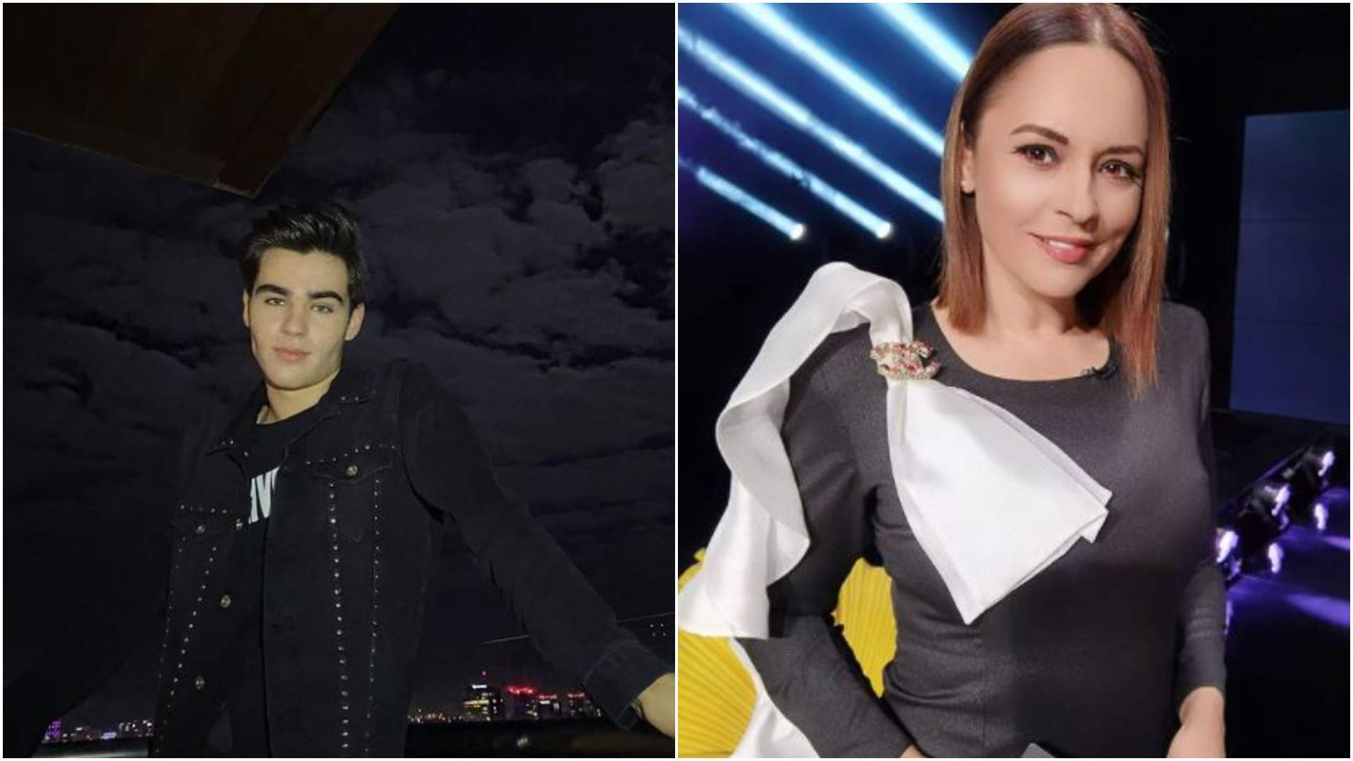 Colaj cu Radu Stefan Banică cu geacă neagră/ Andreea Marin în rochie neagră cu fundă albă.