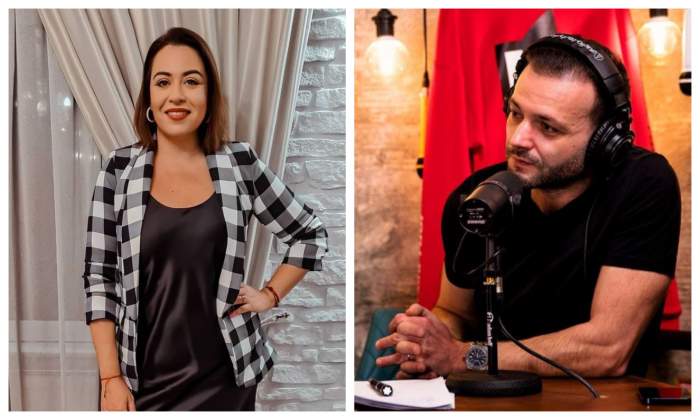 Oana Roman in living, poarta un sacou un carouri alb cu negru, are mana in sold si zambeste, Mihai Morar este la podcast, care un tricou negru, se sprijina de masa