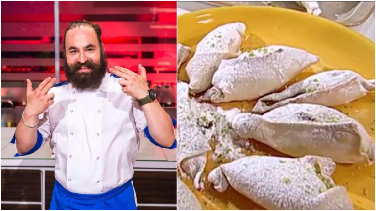 Chef Mino în bucătăria Chefi la cuțite/ platou cu cornulețe de post.