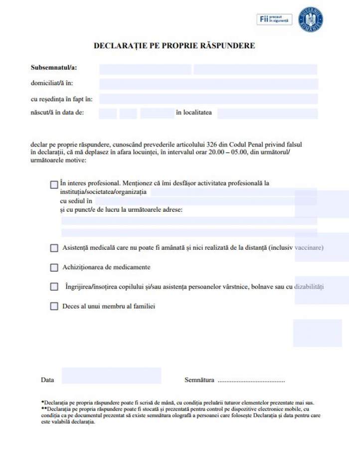 Model de declarație pe propria răspundere valabil după intrarea în vigoare a noilor restricții