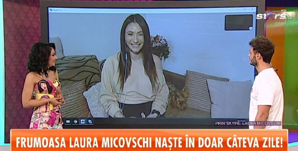 Laura Micovschi oferă declarații prin Skype pentru Stars Matinal. Vedeta poartă o bluzp crem și zâmbește. Prezentatoarea vorbește cu Dima Trofim și Nasrin.
