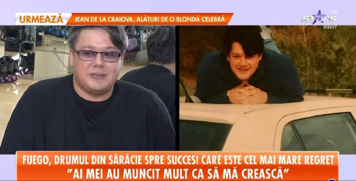 În stânga e o poză cu Fuego care dă un interviu pentru Antena Stars. Artistul poartă un tricou negru. În dreapta e o imagine cu el din tinerețe. Cântărețul stă pe burtă, pe o mașină albă.