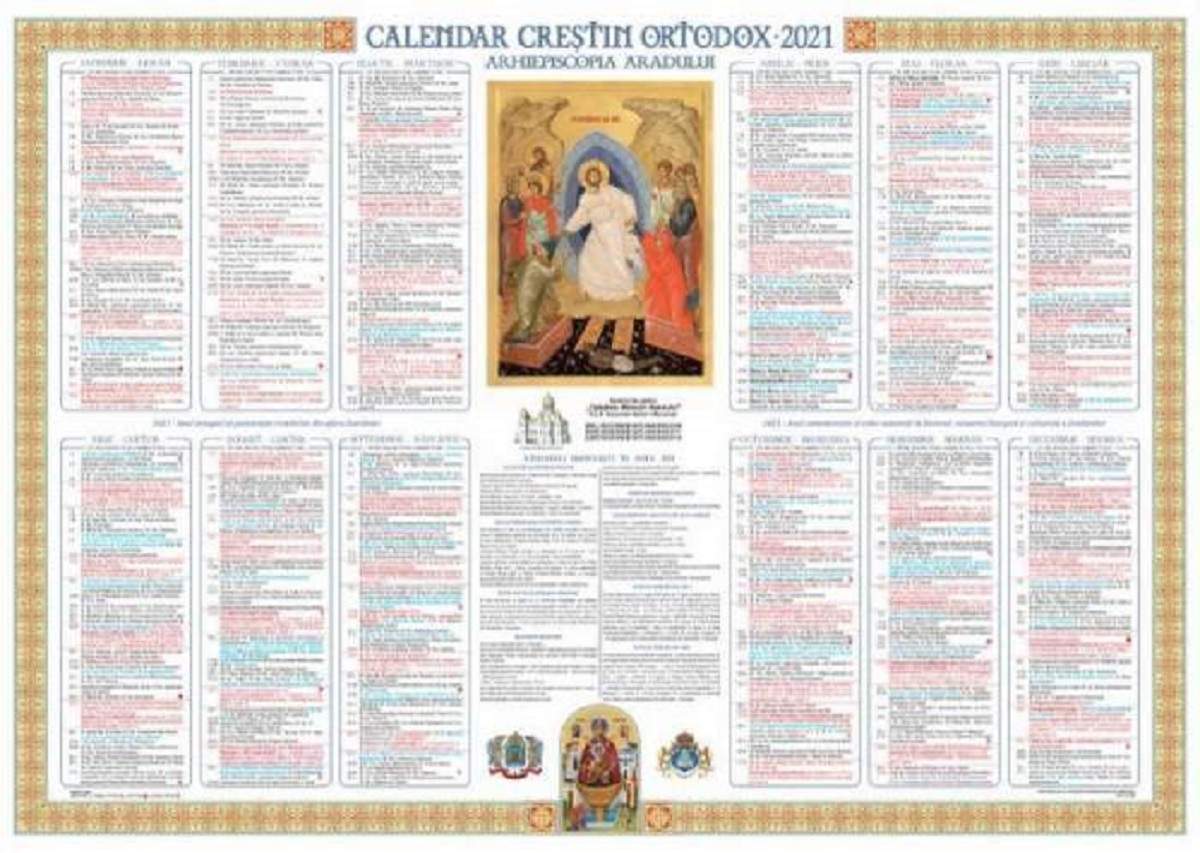 O fotografie simbol pentru calendarul ortodox. În centru e o imagine cu o scenă biblică.