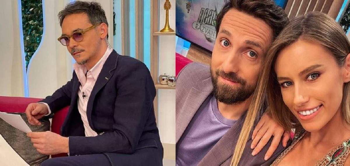 Răzvan Simion l-a felicitat pe Dani Oțil în direct, la 'Neatza cu Răzvan și Dani, după ce a aflat că Gabriela Prisăcariu e gravidă În stânga e o imagine cu Răzvan Simion. Acesta poartă un costum albastru închis și ochelari de vedere. În stânga, Gabriela Prisăcariu și Dani Oțil își fac un selfie. Amândoi zâmbesc.