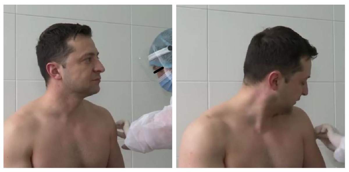 Președintele Ucrainei s-a vaccinat anti-Covid-19 Un colaj cu președintele Ucrainei. Aceasta e la bustul gol.