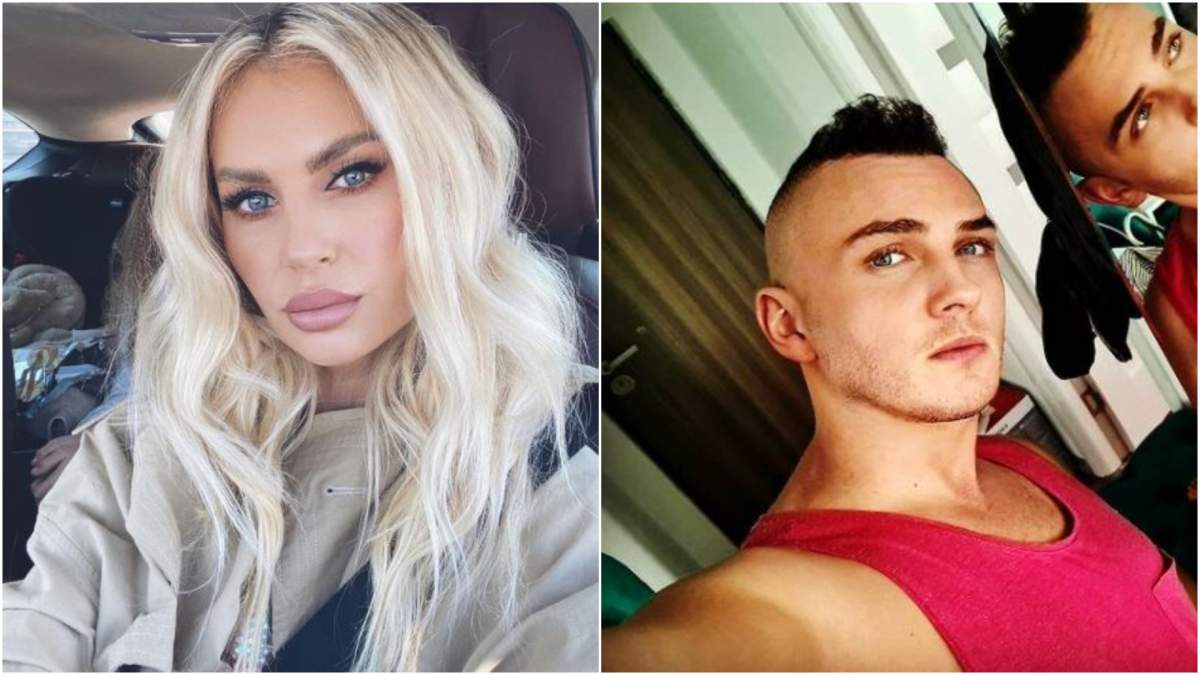 Colaj cu Andreea Bănică, cu părul desprins în mașină/ Mihai Trăistariu cu maieu roșu.