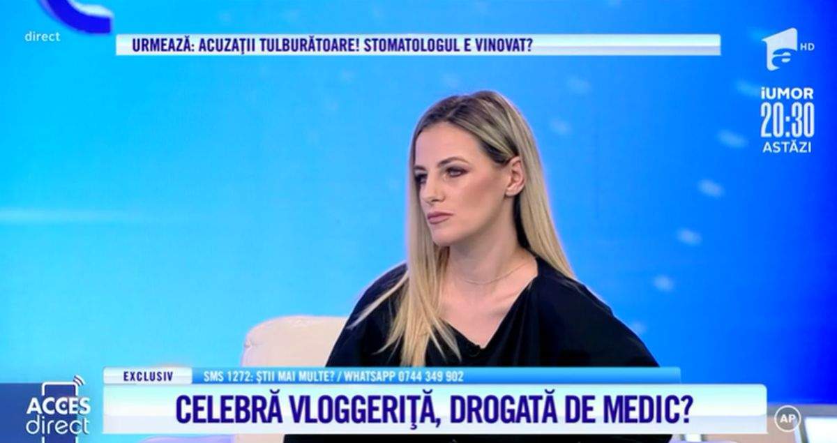 Lolrelai, fosta concurentă de la iUmor, in bluza neagra pe canapeaua de la acces direct vorbind despre drama cu medicul stomatolog