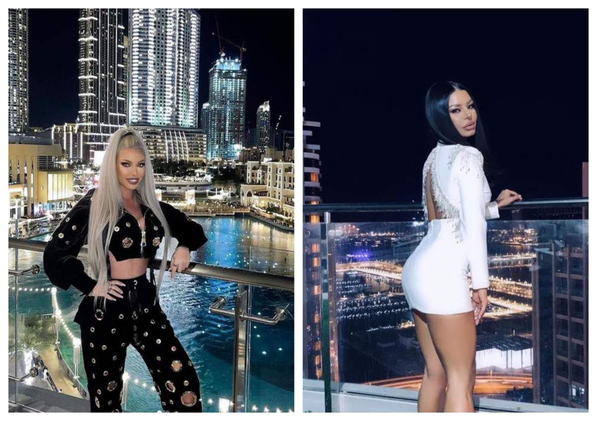 Loredana Chivu si Ana Mocanu s-au fotografiat separat la aceeasi terasa din Dubai, bruneta poarta o rochie scurta alba, blondina poarta un costum cu pataloni si bluza neagra scurta