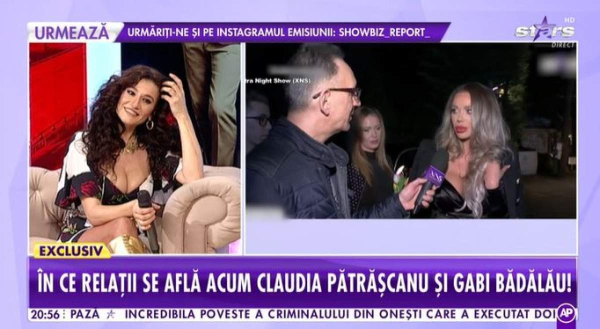 Captură cu Claudia Pătrășcanu în platou la Showbiz Report.