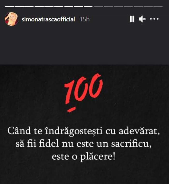 Simona Trașcă a postat un mesaj despre fidelitate la InstaStory.