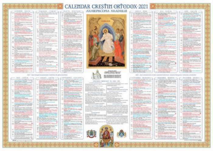 O fotografie simbol pentru calendarul ortodox 2021. În centru e o imagine cu o scenă biblică.