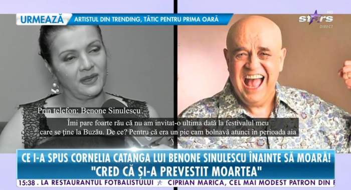 Benone Sinulescu dă un interviu la Antena Stars pentru Cornelia Catanga. În dreapta e o poză alb-negru cu ea când vorbește la microfon și în dreapta una cu el când ține gura deschisă și poartă cămașă.