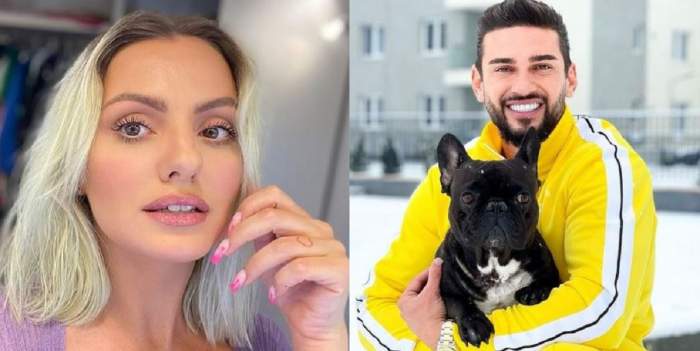 Un colaj cu Dorian Popa și Alexandra Stan. Ea poartă o bluză mov, iar el un trening galben și își ține câinele în brațe.