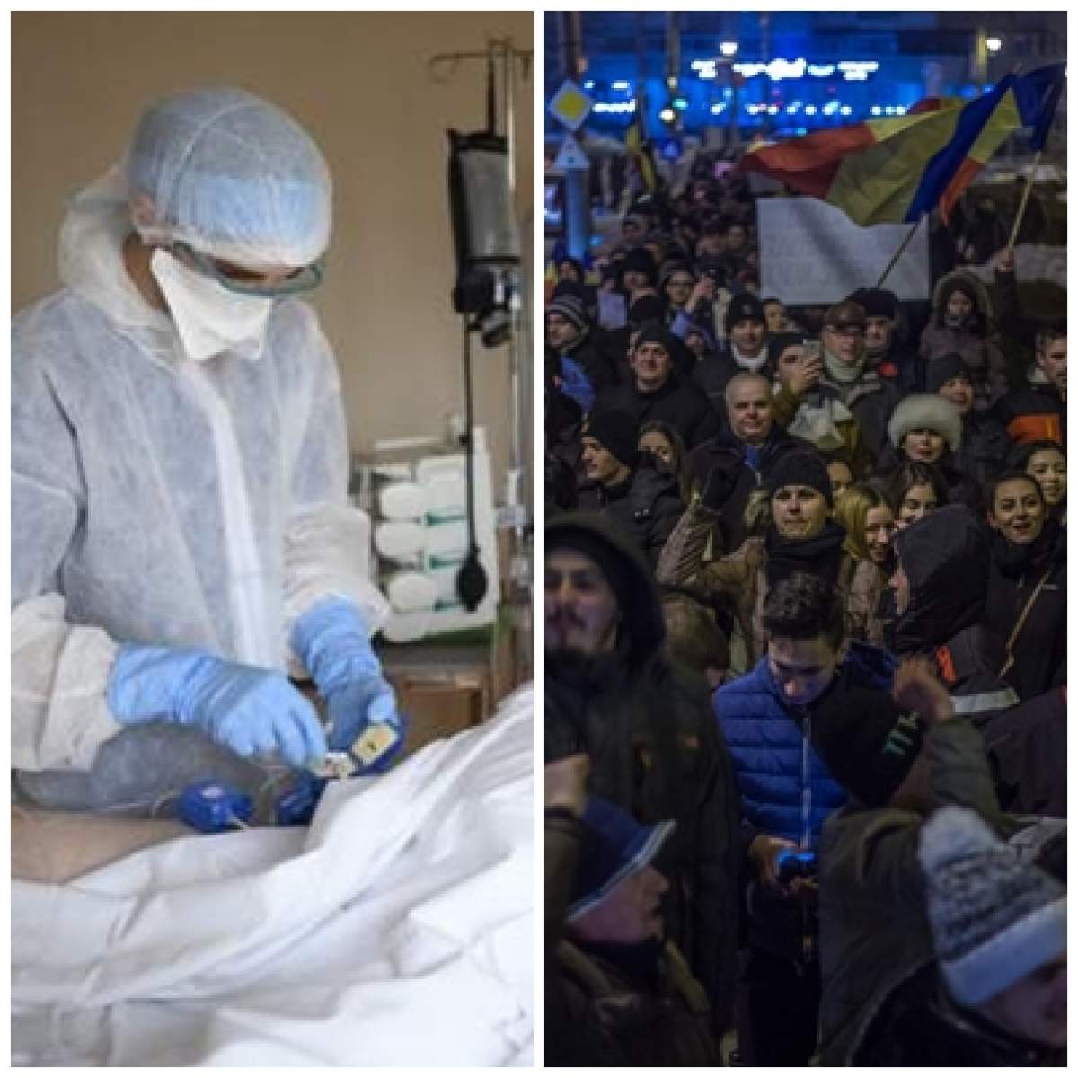 Colaj foto cu un medic iîn spital și românii care participă la protest
