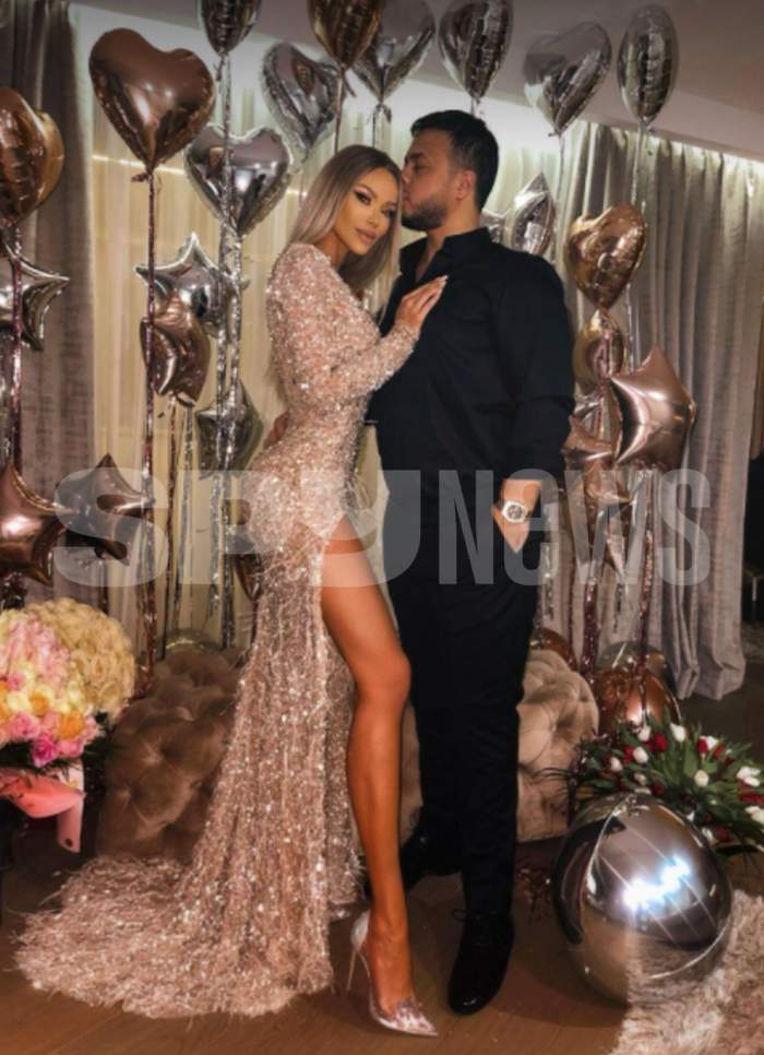 Bianca Drăgușanu in rochie lunga, de seara, in bratele lui gabi badalau, care o saruta pe crestetul capului