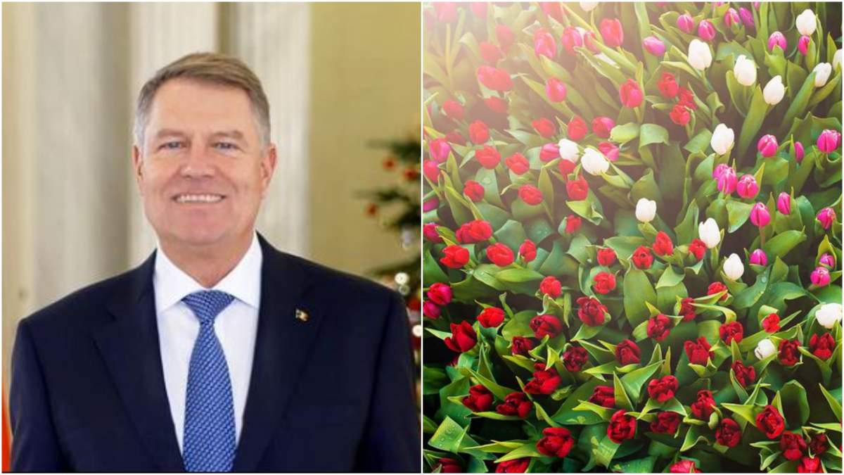 Colaj cu Klaus Iohannis în timp ce zâmbește/ un buchet de lalele colorate.