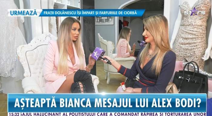 Bianca Drăgușanu in rochie scurta oferind un interviu pentru antena stars