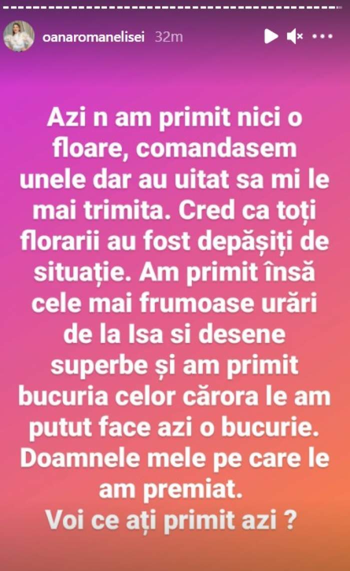 Oana Roman nu a primit nicio floare de 8 martie. Cum s-a consolat vedeta: „Au uitat să mi le mai trimită”