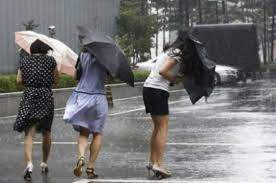 Femei care traversează stradă pe ploaie și vânt, cu umbrele în mână.