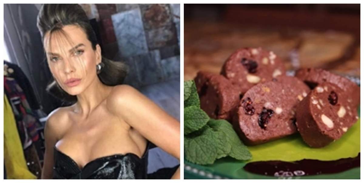 Colaj foto cu Anna Lesko și o farfurie cu salam de biscuiți
