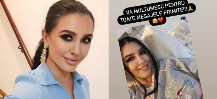 În stânga Mirela Banias își face un selfie și poartă un tricou bleu. În dreapta, vedeta se află pe patul de spital și zâmbește.