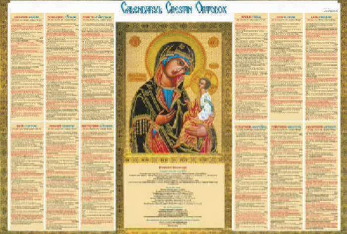 Calendarul ortodox. În mijloc este o imagine cu Iisus Hristos ținut în brațe de Maica Domnului.