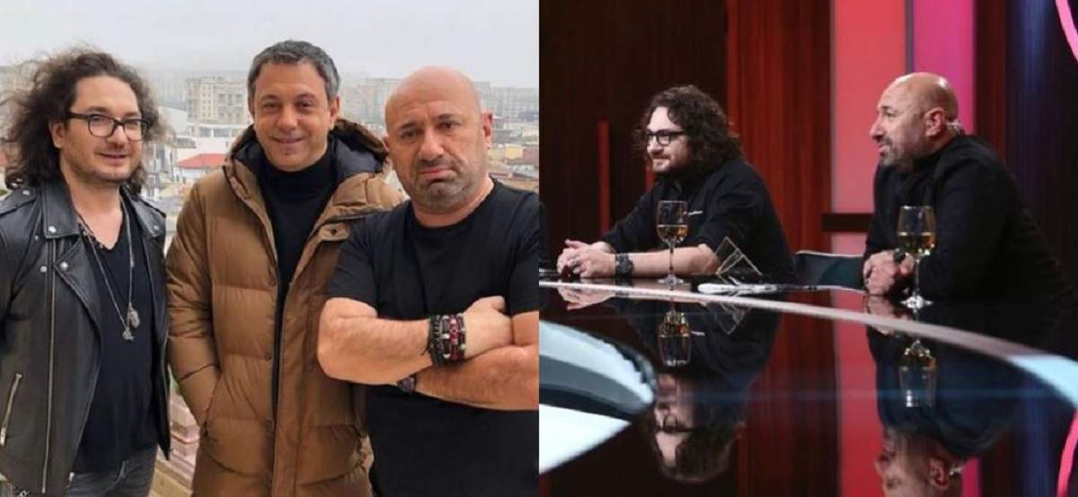 Cătălin Scărlătescu și Florin Dumitrescu au dezvăluit cum au ajuns să fie chefi În stânga, Florin Dumitrescu, Sorin Bontea și Cătălin Scărlătescu se află pe o terasă. În dreapta, Cătălin Scărlătescu și Florin Dumitrescu sunt la chefi la cuțite și poartă uniforme negre de bucătar.