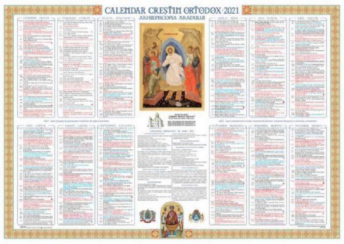 Calendarul ortodox 2021. În centru e o imagine cu o scenă biblică.