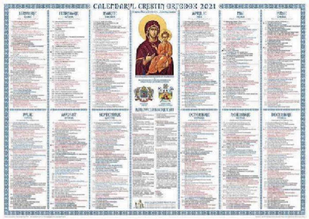 Calendar ortodox 2021. În centru e o icoană cu Maica Domnului și Iisus Hristos pe care-L ține în brațe.
