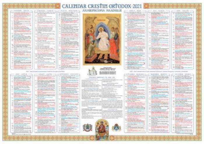 Calendarul ortodox 2021. În centru e o imagine cu o scenă biblică.