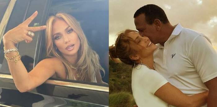 În stânga, Jennifer Lopez stă în mașină și scoate o mână pe geam arătând semnul păcii. În dreapta aceasta îl ține în brațe pe Alex Rodriguez, iar el o pupă pe obraz.