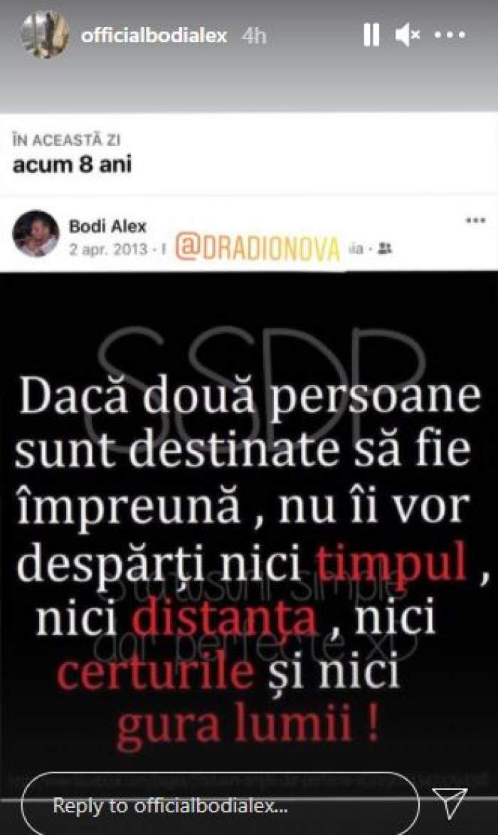 Captură cu mesajul postat de Alex Bodi pe Instagram.