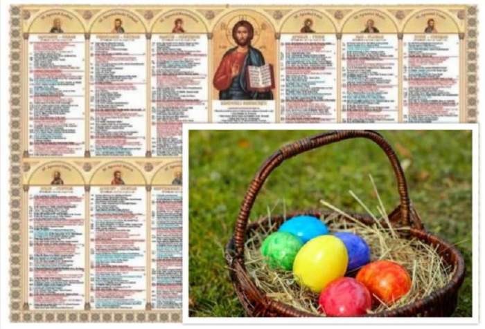Colaj cu un calendar și un coș cu ouă colorate