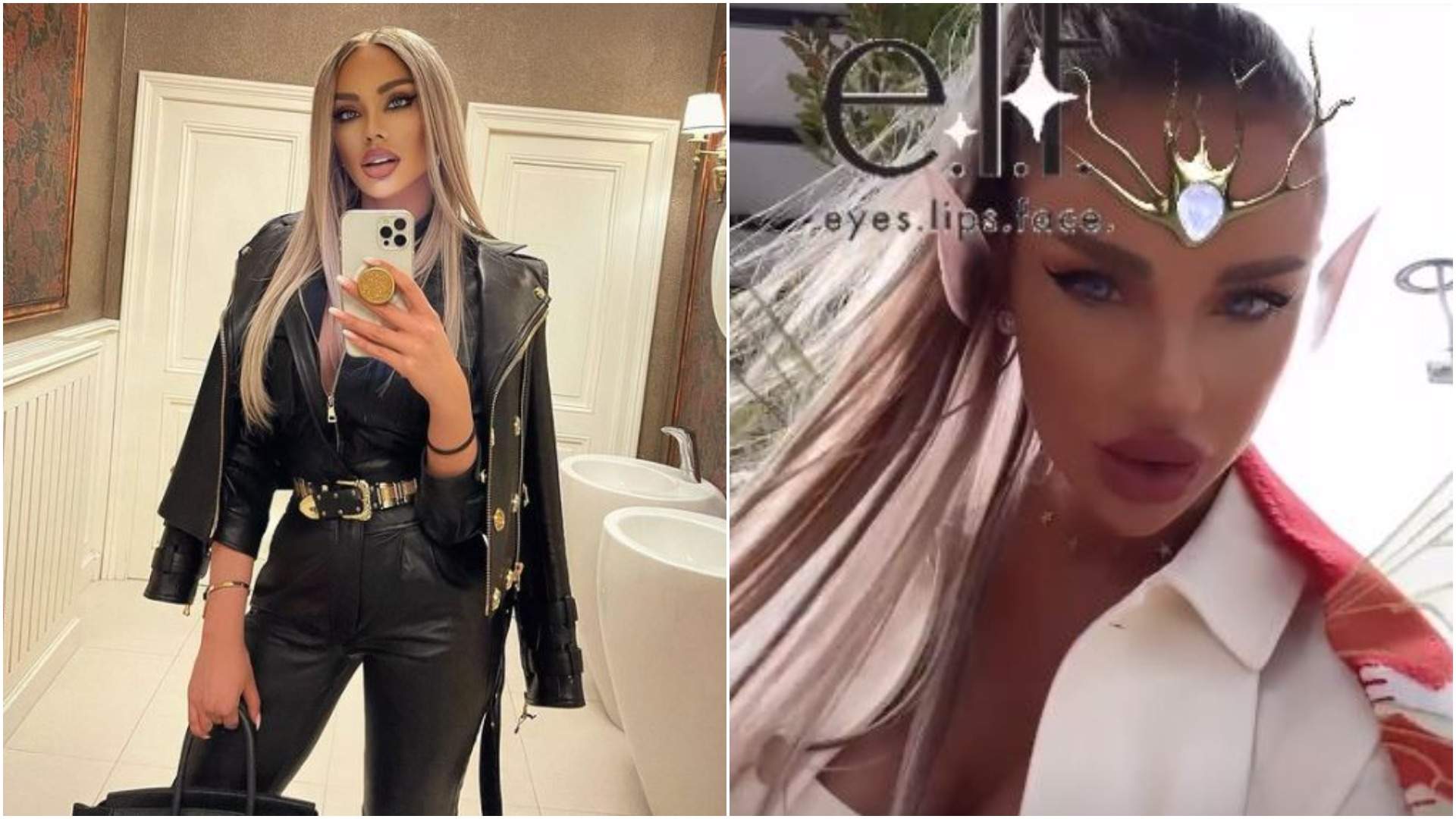 Colaj cu Bianca Drăgușanu în costum de piele, negru/ Bianca Drăgușanu selfie, cu efect pe față.