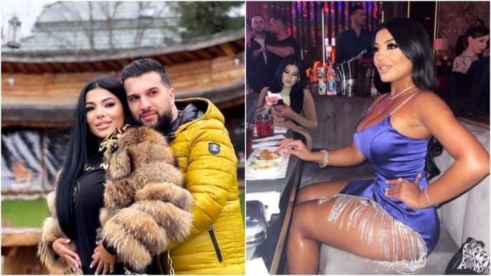 Colaj cu Tzanca Uraganu în brațe cu Alina/ Alina Marymar în rochie albastră, în club.