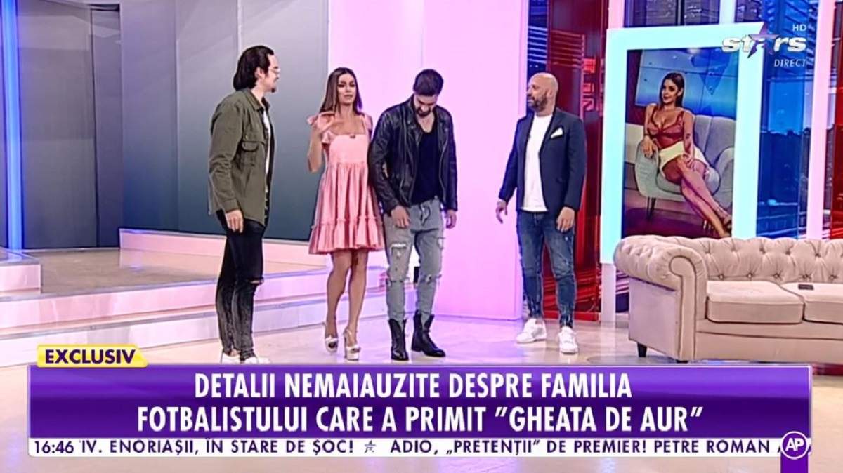 Natalia Mateuț se află alături de verișorii ei și Andrei Ștefănescu în platoul Antena Stars. Prezentatoarea poartă o rochiță roz.