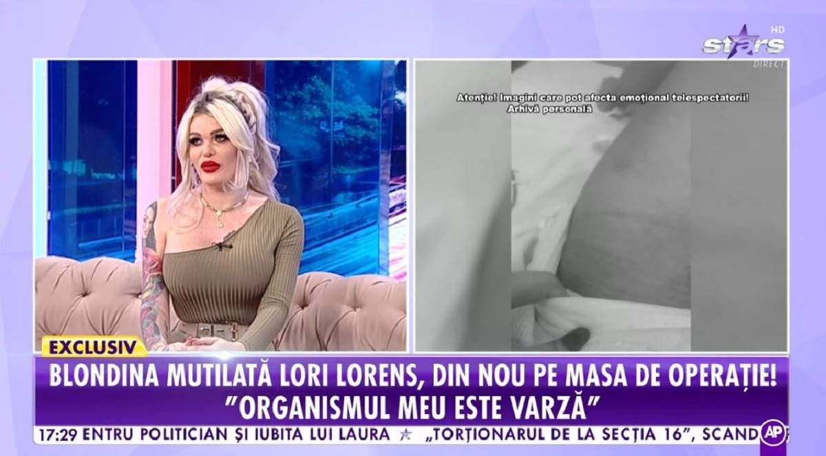 Loredana Loreens poartă o rochie verde, e dată cu ruj roșu pe buze și are părul prins în coadă. Vedeta stă pe canapeaua gri de la Antena Stars.