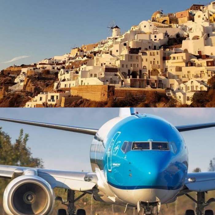Imagine cu un peisaj din Grecia si un avion la sol