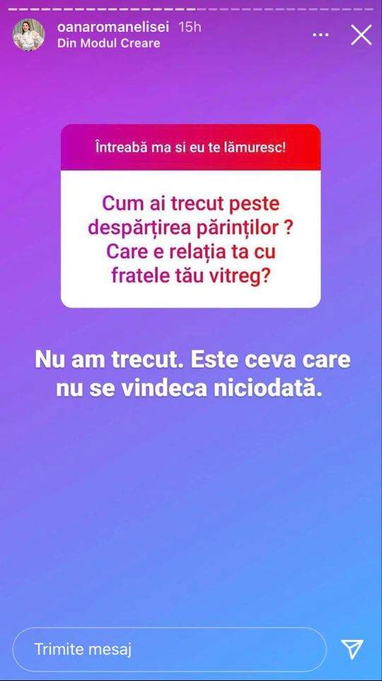 Mesajul prin care Oana Roman le spune fanilor de pe Instagram că nu a trecut peste despărțirea părinților ei.