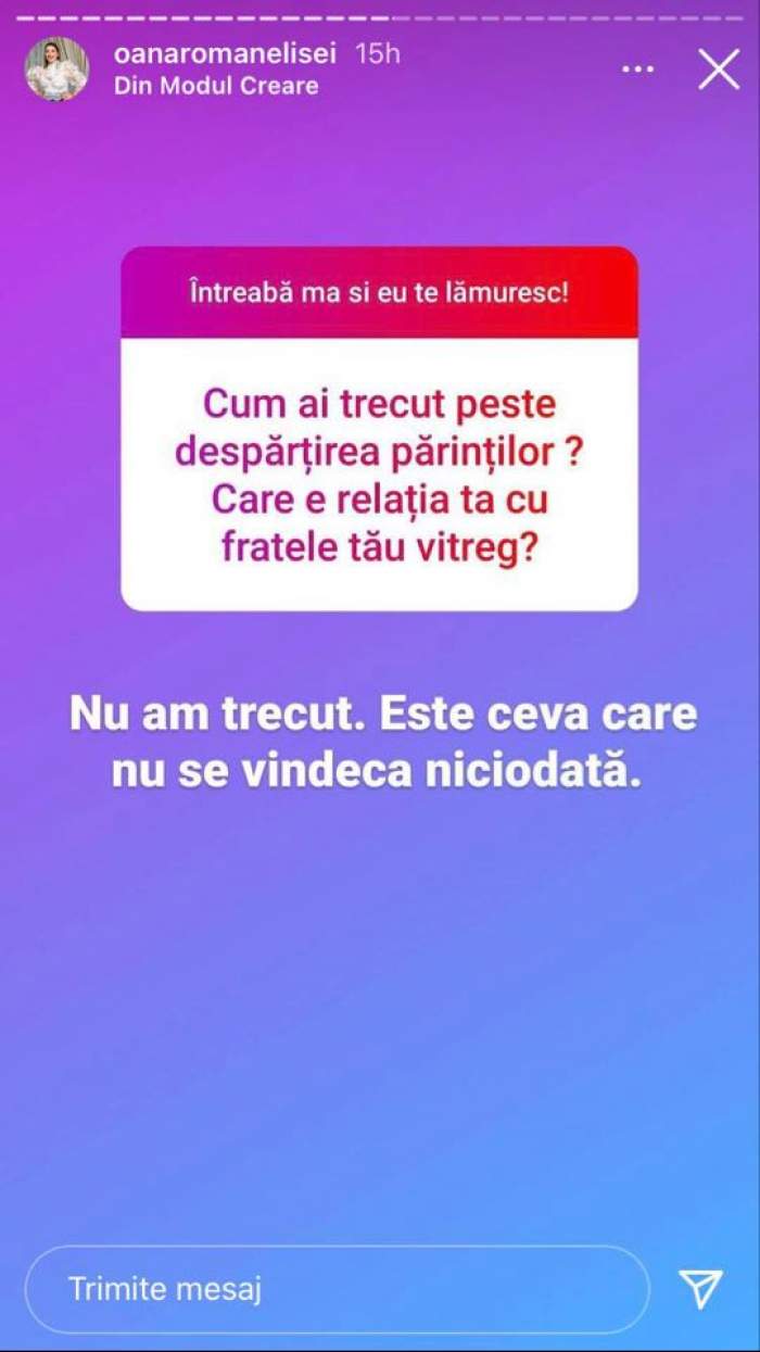 Mesajul prin care Oana Roman le spune fanilor de pe Instagram că nu a trecut peste despărțirea părinților ei.