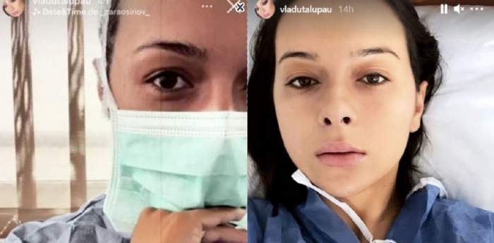 Un colaj cu Vlăduța Lupău la spital. În prima poză poartă mască de protecție, iar în a doua un combinezon albastru și își face un selfie de pe patul de spital.