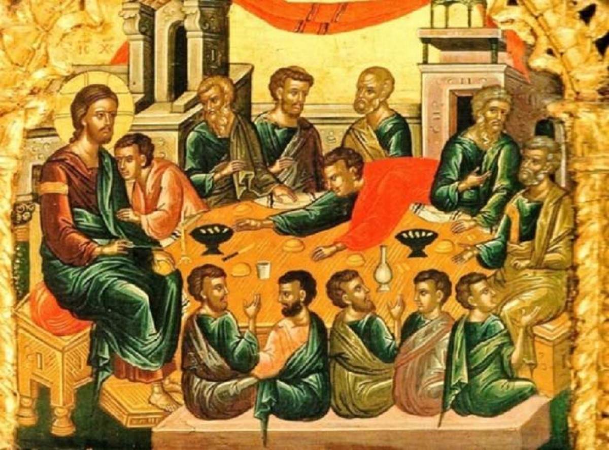 O scenă biblică reprezentată printr-o icoană cu Iisus Hristos și mai mulți sfinți. E vorba despre Cina cea de Taină.