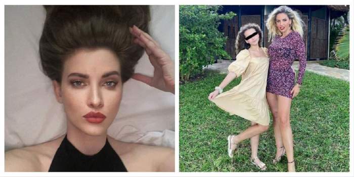 În stânga e o poză cu Iulia Albu care își face un selfie din pat. În dreapta e o poză cu Andreea Bănică și fiica ei. Artista poartă tocuri și o rochie neagră cu picățele roz, iar Sofia o rochie galbenă.