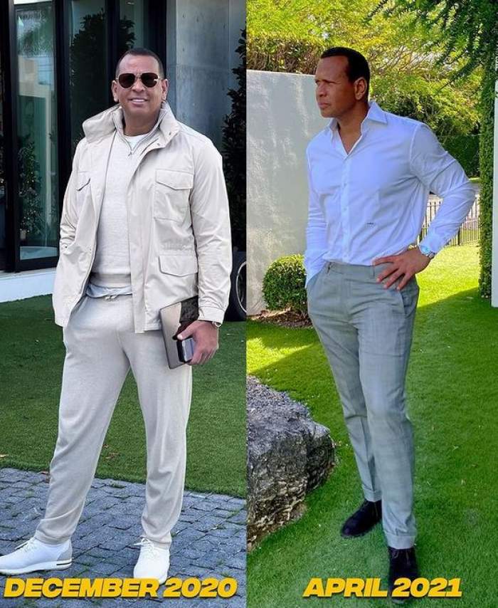 În stânga e o poză cu Alex Rodriguez din decembrie 2020, îmbrăcat complet în alb. În dreapta e o poză cu el din aprilie 2021, în care poartă cămașă albă, pantaloni gri și pantofi negri.