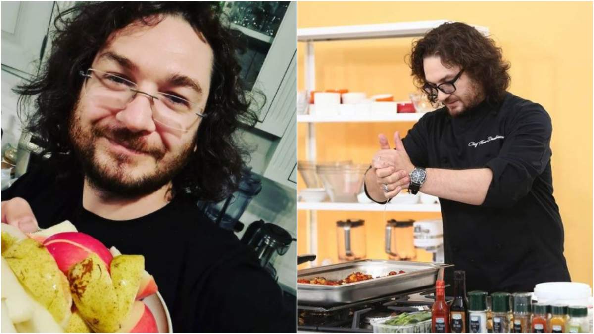 Colaj cu Florin Dumitrescu cu o farfurie cu mere în mână/ Florin Dumiitrescu în bucătăria Chefi la cuțite.