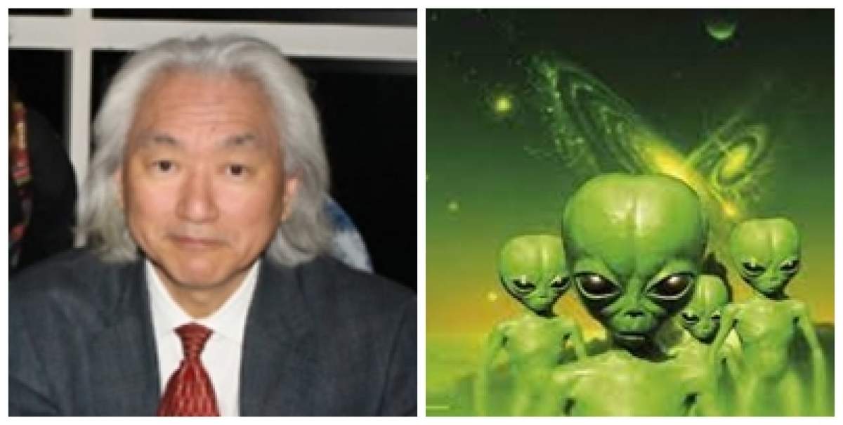 Colaj foto cu Michio Kaku și mai mulți extratereștri