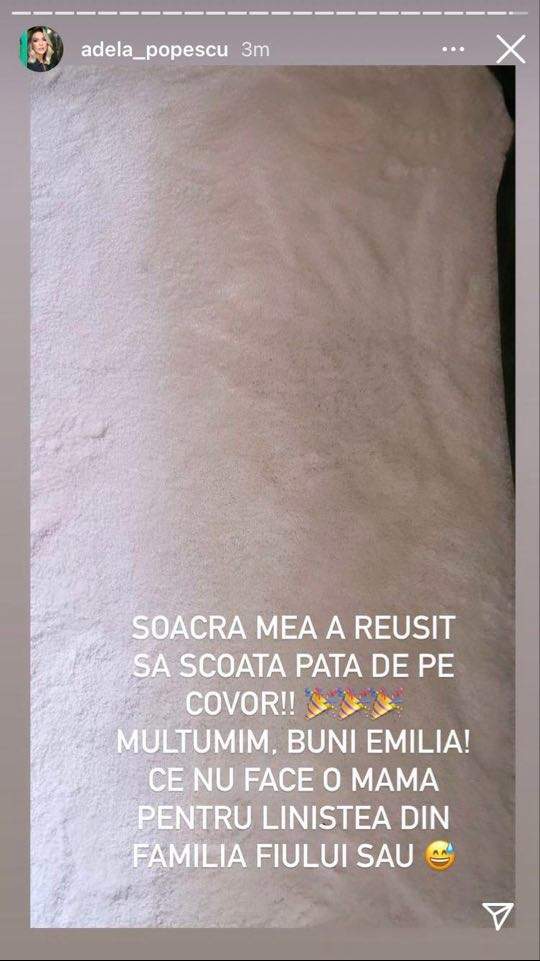 Adela Popescu le-a dezvăluit fanilor de pe Instagram că soacra ei a reușit să-i scoată pata de pe covorul alb.